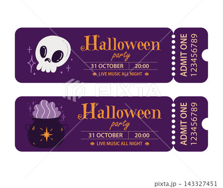 Halloween party ticket template set with skull and witch cauldron admit one invitation coupon vector illustration Halloween party ticket template set with skull and witch cauldron admit one invitation coupon vector illustration 143327451