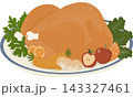Roasted turkey served on a festive platter with fresh herbs, carrots, mushrooms, citrus slices, and apples for Thanksgiving celebrations. 143327461