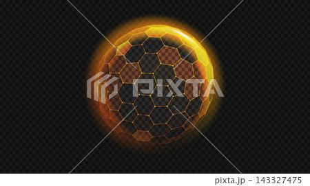 Golden shield dome protecting gold hexagon background. Neon global sphere with glowing tech AI line light. Honeycomb globe pattern for futuristic digital protection design. Golden shield dome protecting gold hexagon background. Neon global sphere with glowing tech AI line light. Honeycomb globe pattern for futuristic digital protection design. 143327475