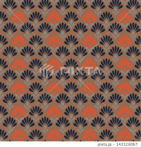 Seamless repeating floral pattern with stylized fan shaped blooms in navy, coral, sage, and brown, arranged on warm earthy background for wallpaper, fabric, wrapping, and surface design. 143328067