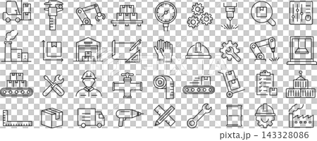 ベクターでモノクロの製造業に関する線画アイコンセット 143328086