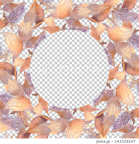 Watercolor botanical frame with warm brown and muted purple leaves surrounding central circle for wedding invitation and greeting card background stationery cover Watercolor botanical frame with warm brown and muted purple leaves surrounding central circle for wedding invitation and greeting card background stationery cover 143328247