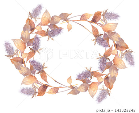 Watercolor wreath of dried leaves and thistle seed heads in muted mauve and warm ochre tones, circular botanical frame. Watercolor wreath of dried leaves and thistle seed heads in muted mauve and warm ochre tones, circular botanical frame. 143328248