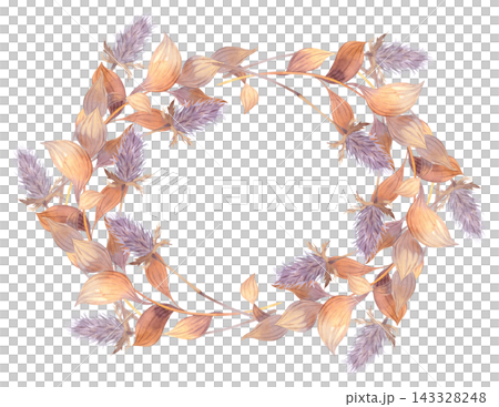 Watercolor wreath of dried leaves and thistle seed heads in muted mauve and warm ochre tones, circular botanical frame. Watercolor wreath of dried leaves and thistle seed heads in muted mauve and warm ochre tones, circular botanical frame. 143328248