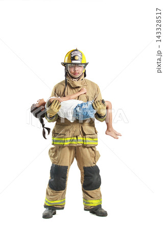 Asian firefighter carrying unconscious girl during rescue mission 143328517