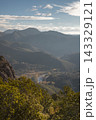 Mountain valley landscape with winding river reflecting sunlight 143329121