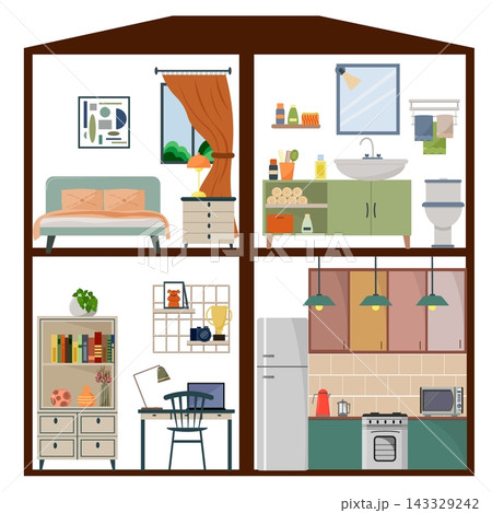 A dollhouse sectional view. Living room, kitchen, bathroom, study. Modern apartment layout with furniture and appliances. Home design concept in flat illustration style. 143329242