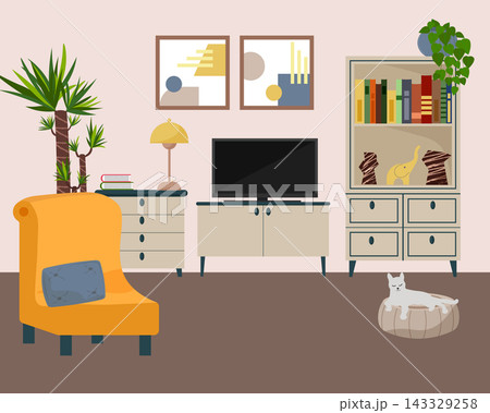 Living room interior with television, bookshelf and armchair. Cozy apartment lounge area featuring house plant and sleeping cat on cushion. Home design, relaxation and lifestyle concept. 143329258