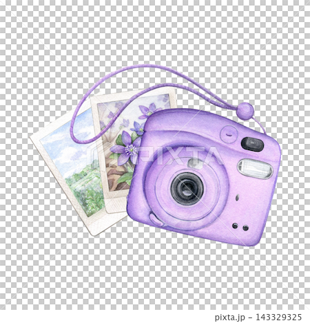 Lavender instant camera with floral photos, hand-painted watercolor illustration isolated on white. Ideal for photography, scrapbooking, stationery, photo albums and creative projects 143329325