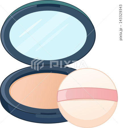 Illustration of an open dark blue face powder compact with an accompanying powder puff. The top lid is flipped open to reveal a light blue, oval-shaped mirror with subtle white reflection lines. Illustration of an open dark blue face powder compact with an accompanying powder puff. The top lid is flipped open to reveal a light blue, oval-shaped mirror with subtle white reflection lines. 143329343