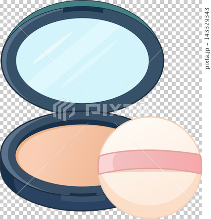 Illustration of an open dark blue face powder compact with an accompanying powder puff. The top lid is flipped open to reveal a light blue, oval-shaped mirror with subtle white reflection lines. Illustration of an open dark blue face powder compact with an accompanying powder puff. The top lid is flipped open to reveal a light blue, oval-shaped mirror with subtle white reflection lines. 143329343