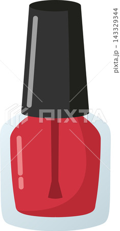 Illustration of a closed glass bottle of red nail polish standing vertically, filled with vibrant red enamel lacquer, complete with soft pinkish-red shine highlights on the left side. Illustration of a closed glass bottle of red nail polish standing vertically, filled with vibrant red enamel lacquer, complete with soft pinkish-red shine highlights on the left side. 143329344