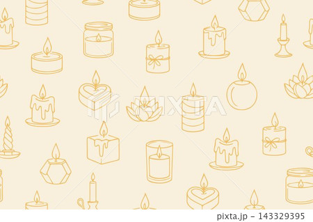Candle pattern vector illustration featuring diverse designs, including pillar, jar, and heart-shaped candles with flames. Seamless background ideal for decorative projects. Candle pattern vector illustration featuring diverse designs, including pillar, jar, and heart-shaped candles with flames. Seamless background ideal for decorative projects. 143329395
