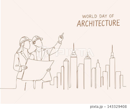 Vector illustration of architects , highlighting World Architecture Day. Professionals in hard hats, focused on urban planning and design, with a city skyline backdrop. Vector illustration of architects , highlighting World Architecture Day. Professionals in hard hats, focused on urban planning and design, with a city skyline backdrop. 143329408