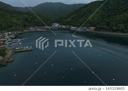 愛媛県宇和島市の真珠養殖筏と漁港を捉えた空撮写真 143329605