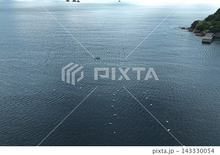 愛媛県愛南町の養殖筏と沿岸部を捉えた空撮写真 143330054