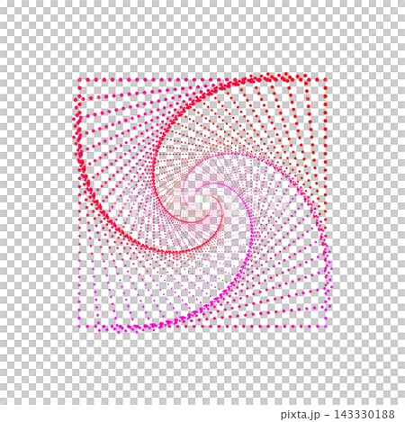 red pink dotted spiral vortex square on black background, squarish swirl pattern dots wireframe vector illustration 143330188