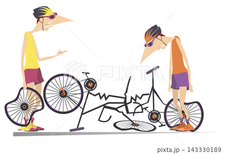 Road accident, two cyclists and broken bikes illustration. Broken bikes and angry cyclist holds a broken wheel and scolds the sad cyclist with hang his head isolated illustration Road accident, two cyclists and broken bikes illustration. Broken bikes and angry cyclist holds a broken wheel and scolds the sad cyclist with hang his head isolated illustration 143330189