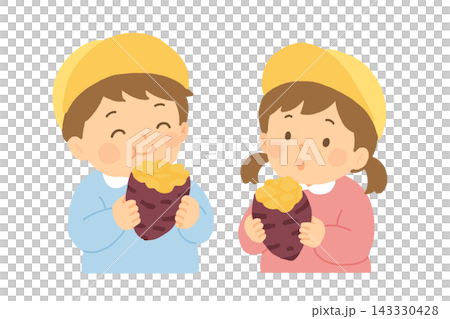 A boy and a girl eating roasted sweet potatoes A boy and a girl eating roasted sweet potatoes 143330428
