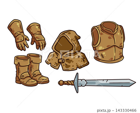 Leather gear set, hand drawn boots gloves hood vest sword, rpg equipment icons. Fantasy game armory collection cartoon art, medieval adventurer kit. Leather gear set pack Leather gear set, hand drawn boots gloves hood vest sword, rpg equipment icons. Fantasy game armory collection cartoon art, medieval adventurer kit. Leather gear set pack 143330466
