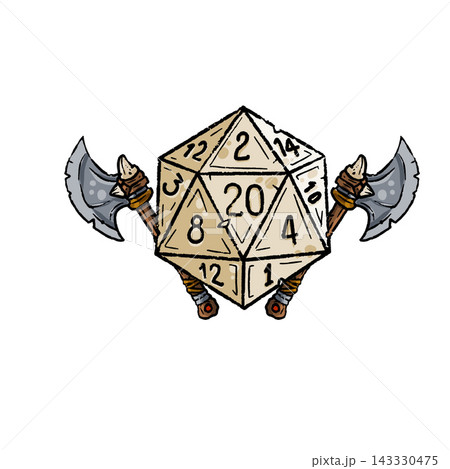 D20 dice axes, hand drawn crossed battle axes weapon, tabletop game die icon. Fantasy rpg gambling emblem, dice twenty sides beige steel. D20 dice axes warrior 143330475