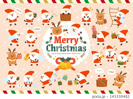 クリスマスのかわいいサンタクロースとトナカイのベクターイラストセット クリスマスのかわいいサンタクロースとトナカイのベクターイラストセット 143330482