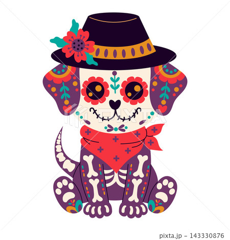 Day of the Dead. Cute Sugar Skull Dog Wearing Hat with Flower and decorated Bone, Skeleton. Adorable Puppy with Mexican elements Dia de Los Muertos, Halloween and Fiesta Design. Vector Illustration. Day of the Dead. Cute Sugar Skull Dog Wearing Hat with Flower and decorated Bone, Skeleton. Adorable Puppy with Mexican elements Dia de Los Muertos, Halloween and Fiesta Design. Vector Illustration. 143330876