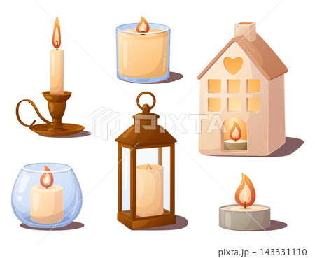 Set of six decorative candle holders with burning candles in glass, Set of six decorative candle holders with burning candles in glass, 143331110