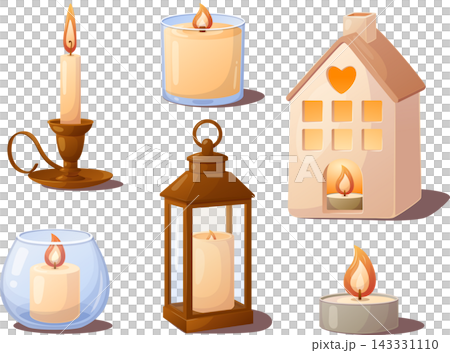 Set of six decorative candle holders with burning candles in glass, 143331110