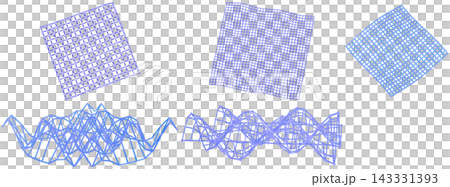 A collection of blue and violet abstract wave lattices and grid shapes in a clean digital design style. 143331393