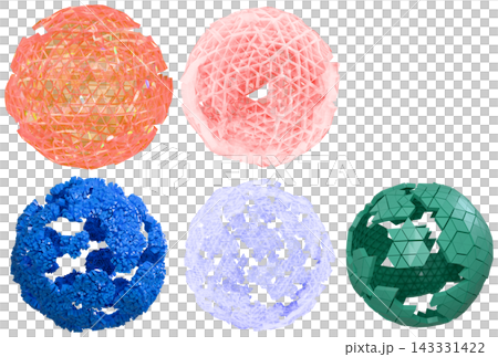 A set of colorful cracked geometric spheres rendered as abstract 3D design elements. A set of colorful cracked geometric spheres rendered as abstract 3D design elements. 143331422
