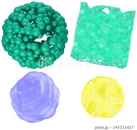A colorful assortment of abstract 3D geometric forms in glossy, translucent materials and varied shapes. 143331427