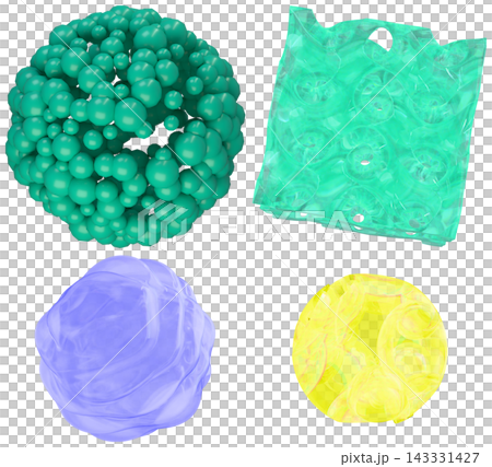 A colorful assortment of abstract 3D geometric forms in glossy, translucent materials and varied shapes. 143331427