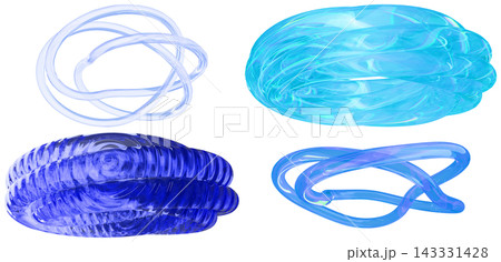 A set of glossy abstract torus knot forms in blue and cyan tones with translucent 3d digital styling. 143331428