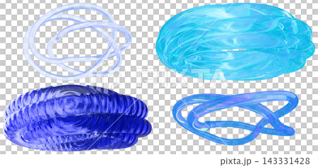 A set of glossy abstract torus knot forms in blue and cyan tones with translucent 3d digital styling. 143331428