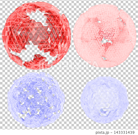 A set of translucent cracked geometric spheres in red, pink, and blue tones with faceted 3d design. A set of translucent cracked geometric spheres in red, pink, and blue tones with faceted 3d design. 143331439