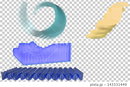 A set of abstract 3D geometric design elements in pastel blue, purple, and gold with layered, woven, and wave-like forms. A set of abstract 3D geometric design elements in pastel blue, purple, and gold with layered, woven, and wave-like forms. 143331449