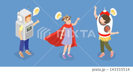 3D Isometric Flat Vector Illustration of Dressing up for Party, Children In Astronaut, Rocket, Robot, Princess, Queen Costumes 3D Isometric Flat Vector Illustration of Dressing up for Party, Children In Astronaut, Rocket, Robot, Princess, Queen Costumes 143333514