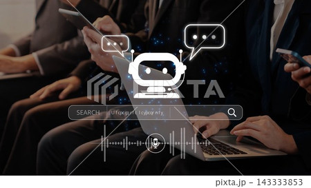 People Using Technology with Chatbot Illustration for Communication, Innovation and Digital Interaction in Modern Work Environment. Raster 143333853