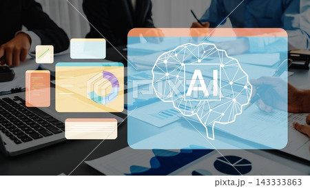 Futuristic Business Meeting with AI Technology, Digital Analytics, and Graphs in a Professional Workspace Setting, Innovation Concept for Modern Enterprises Gluon Futuristic Business Meeting with AI Technology, Digital Analytics, and Graphs in a Professional Workspace Setting, Innovation Concept for Modern Enterprises Gluon 143333863