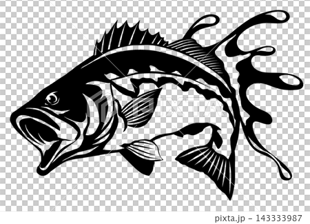 A sharp and cool black and white paper cutout illustration of a largemouth bass. 143333987