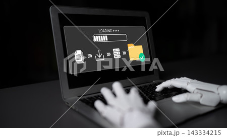 Futuristic Robot Hand Using Laptop to Process Data with Loading Screen and Completion Indicators in Dark Environment. Glyphic Futuristic Robot Hand Using Laptop to Process Data with Loading Screen and Completion Indicators in Dark Environment. Glyphic 143334215