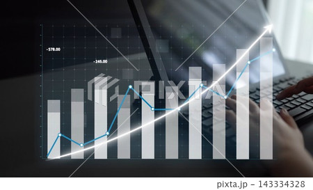 Businessman Analyzing Growth Chart with Laptop, Financial Data, Technology, Modern Office Setting, Increasing Profits, Digital Analytics, Workspace Trends Copula 143334328