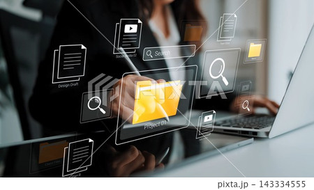 Business professional reviewing digital files and folders on modern interface with search options and interactive elements for project management and organization Gluon 143334555