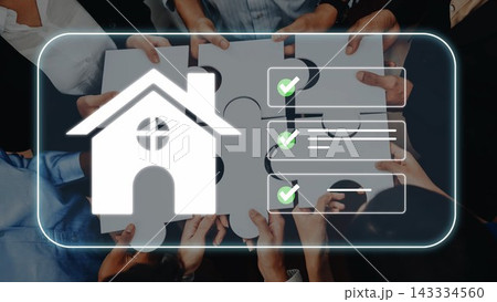 Collaborative Teamwork in Real Estate Puzzle Concept with Hands Holding Pieces and House Icon for Business, Strategy, and Innovation Themes Gluon 143334560