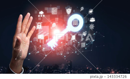 A hand reaches out towards a glowing digital key, surrounded by various icons and symbols representing security and data concepts for modern technology and connectivity. Sigmoid 143334726
