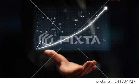 Rising Graph Overlaid on Hand Signifying Growth, Financial Success, and Progress in Business Environment, Representing Data Analysis and Investment Strategies Copula 143334727
