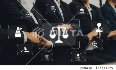 Professional Business Meeting with Legal Themes, Digital Icons of Justice, Scales and Law, Collaboration and Partnership Concepts in Office Setting. Raster Professional Business Meeting with Legal Themes, Digital Icons of Justice, Scales and Law, Collaboration and Partnership Concepts in Office Setting. Raster 143334729