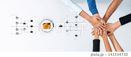Collaborative teamwork concept with diverse hands joining together over a digital communication network illustrating unity and cooperation in business environments Trope 143334730