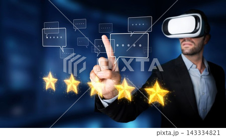 Young man using virtual reality headset interacting with feedback stars and messages on digital display in a modern technology environment. Raster Young man using virtual reality headset interacting with feedback stars and messages on digital display in a modern technology environment. Raster 143334821